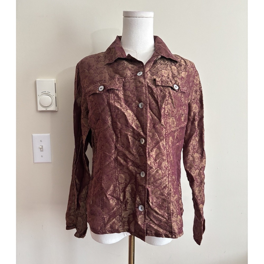 Chicos Button Up Blouse Silk Top Floral Maroon Gold Boho Fairy Y2K Medium Autumn